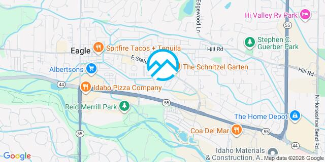 Map of Eagle, Idaho, highlighting local businesses like Albertsons, Spitfire Tacos, and Idaho Pizza Company. Parks, roads, and water features are visible.