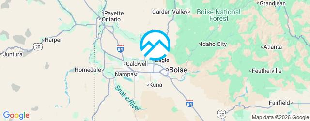 Map highlighting Boise, Idaho, and surrounding towns like Nampa and Caldwell. A circular blue logo with mountain design covers the Eagle area.